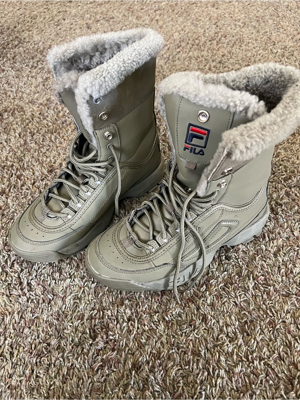 FILA Women's Olive Green Sherpa-Lined Lace-Up Winter Boots
